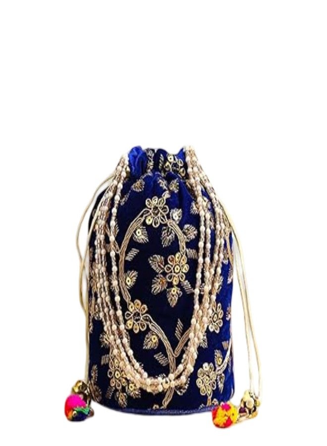 Floweraura Handcrafted Deep Blue Golden Embroidered Pearl Potli Bag for Diwali Gift, Karwa Chauth Gift & Gift for Wife, Sister, Mother, Friends, Colleagues, Girlfriend - Image 1